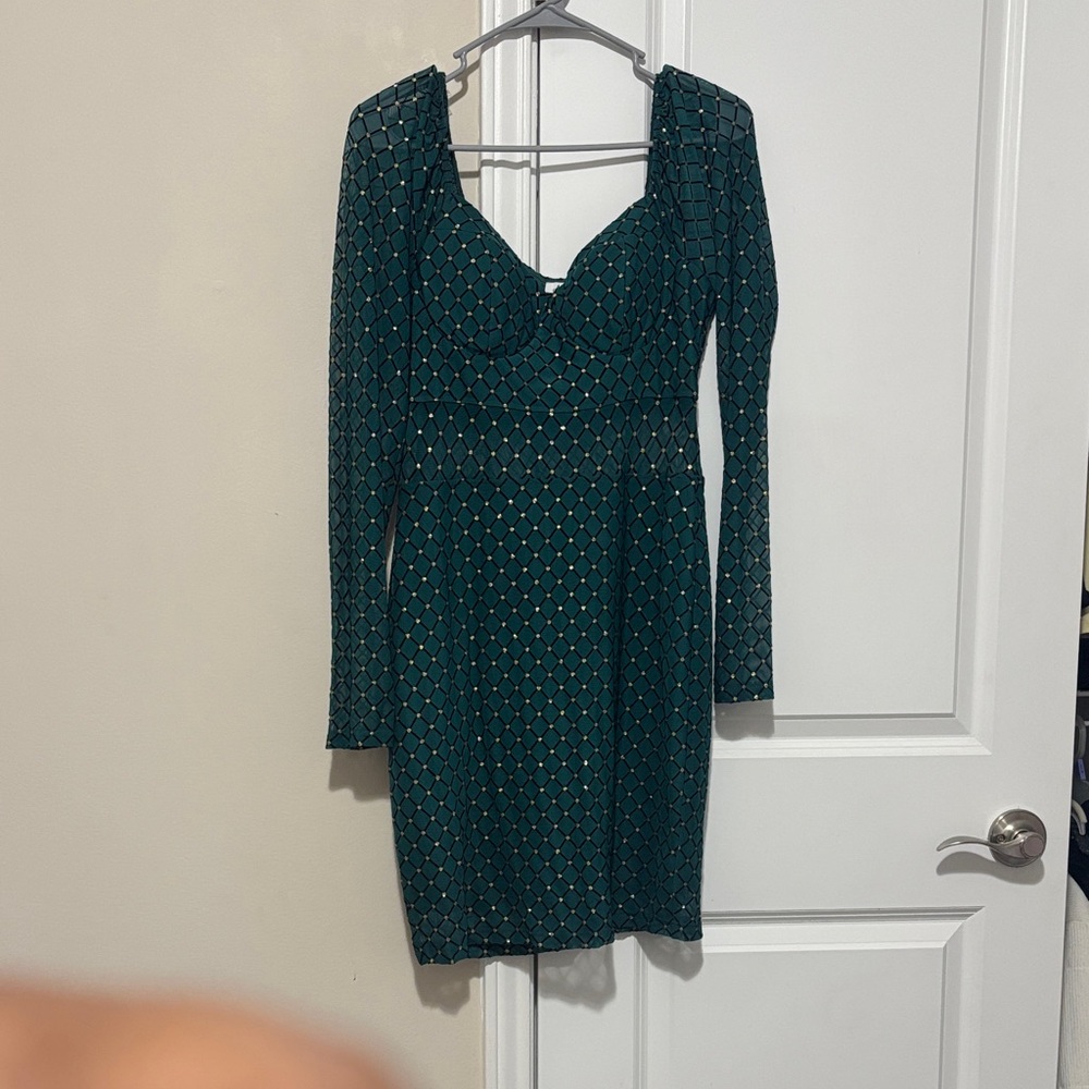 AUW Dark Teal Patterned Long Sleeve Dress